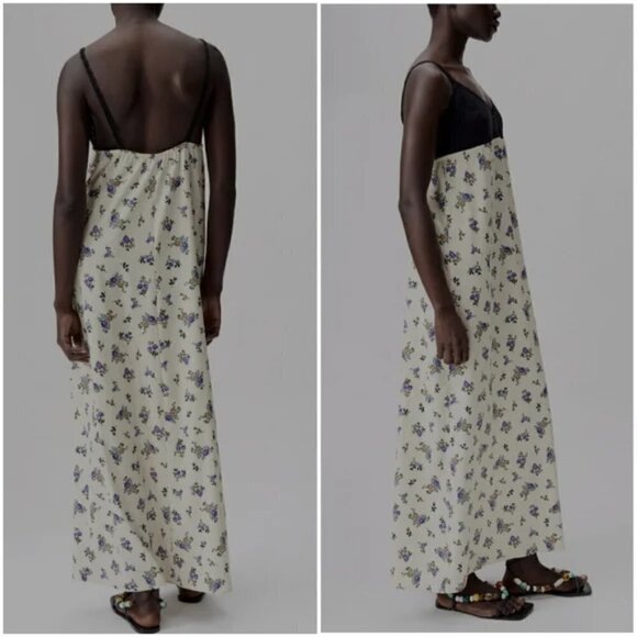 New Zara Floral Satin Printed Crochet Cream Maxi Tank Dress Cottagecore Small - Picture 5 of 14